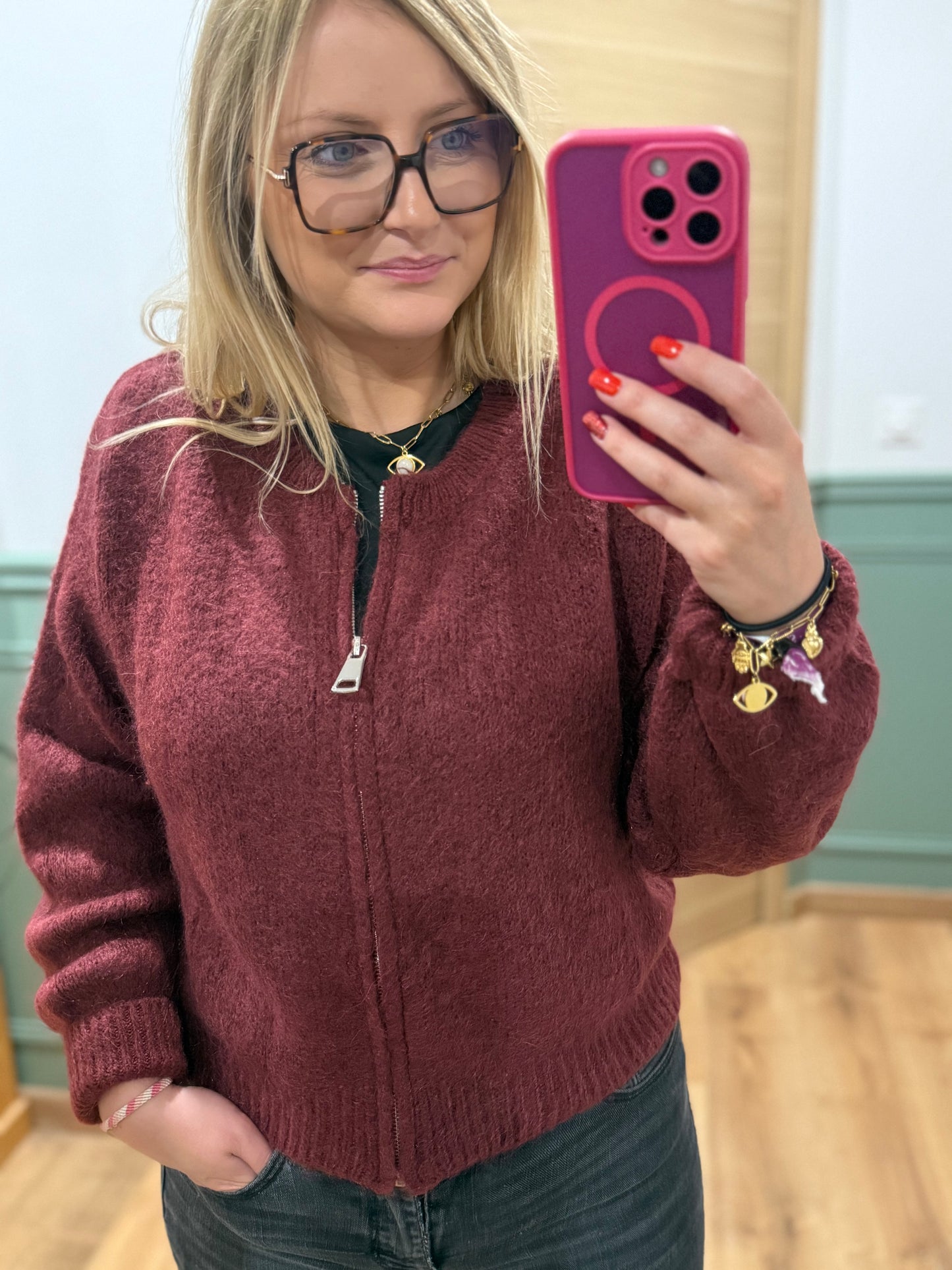 Gilet zippé en maille bordeaux