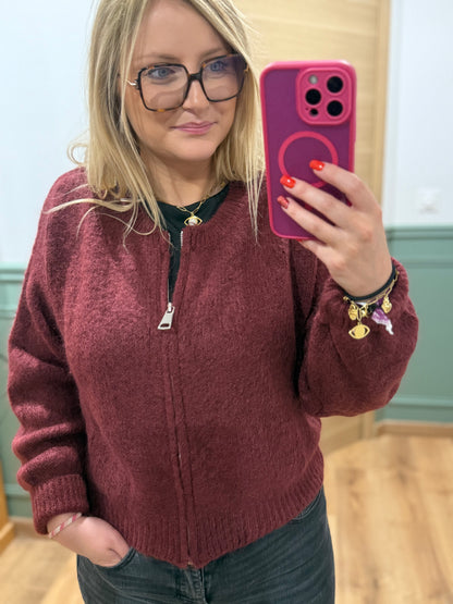 Gilet zippé en maille bordeaux