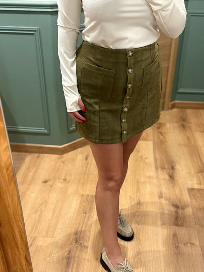 Jupe boutonnée en suédine kaki