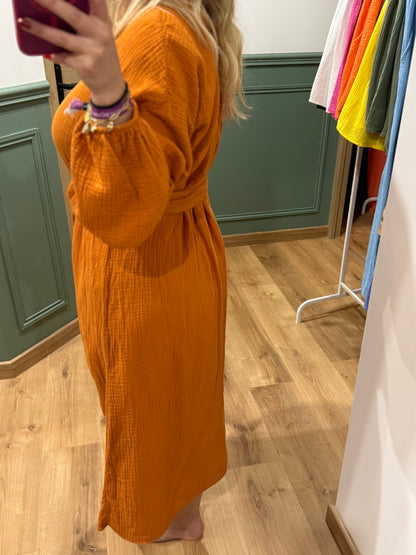 Robe chemise longue ceinturée – Rouge brique