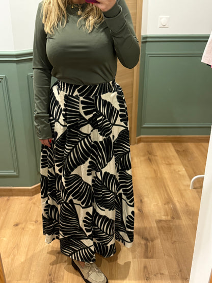 Jupe midi imprimé feuillage noir et blanc