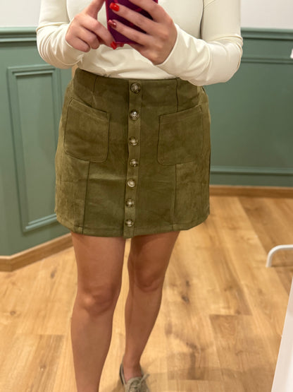Jupe boutonnée en suédine kaki