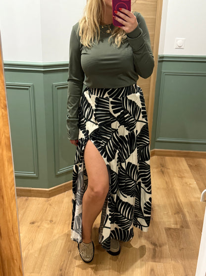 Jupe midi imprimé feuillage noir et blanc